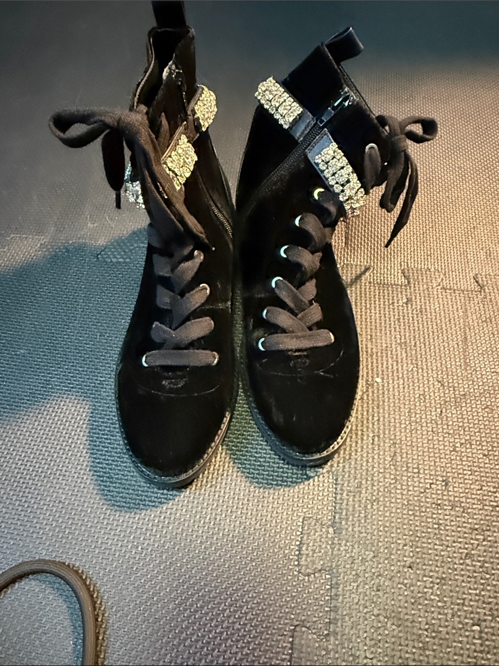 White House Black Market Black Velvet Lace-Up Ankle Boots with Crystal Strap - Picture 6 of 6